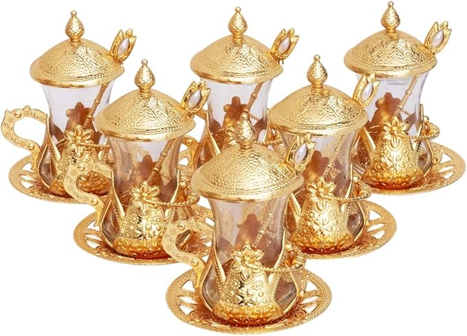Alisveristime Handmade Turkish Tea Glass Set - Traditional Turkish Motifs, Set of 6 with Lids and Bonus Tea Spoons (Gold)