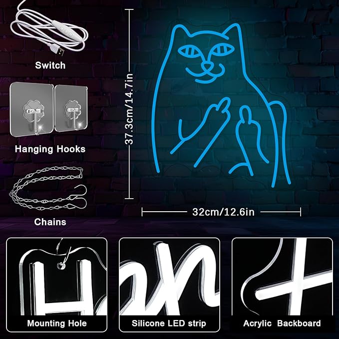 Bad Cat Neon Sign Blue Neon Cat Sign LED Sign Funny Animal Cat LED Neon Signs for Home Bar Office Living Room Bedroom Wall Decor Gift for Children Kids - Bloomnest