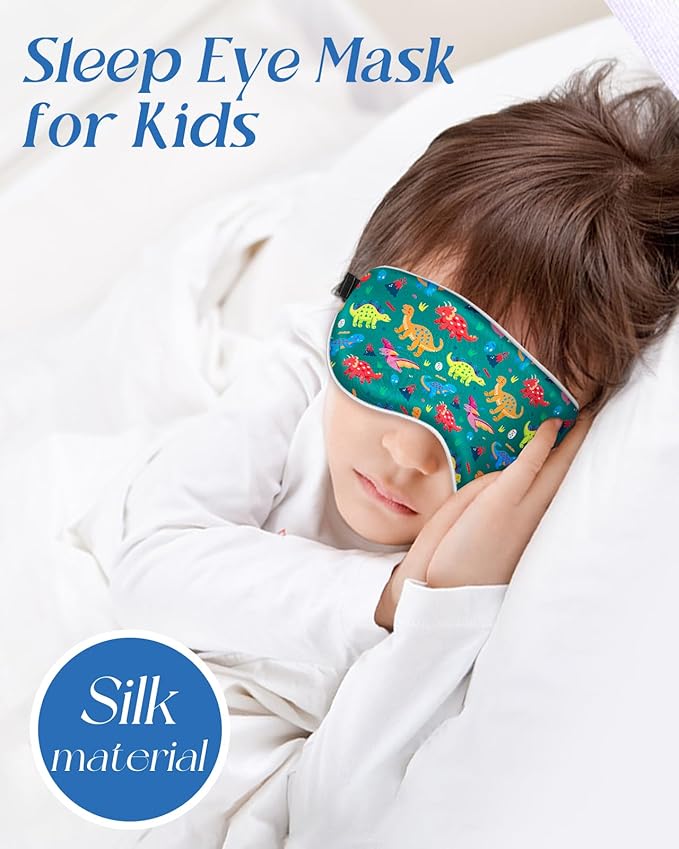 Sleep Mask for Kids - Cute Kawaii Cartoon Silk Sleeping Mask with Adjustable Strap Soft Smooth Light Eye Mask for Sleeping Silk Kids Eye Cover for Boys Girls Teens, Green Dinosaur - Bloomnest