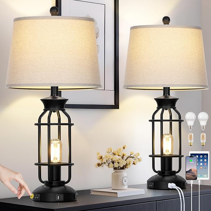 28" Vintage Table Lamps with USB C+A Ports & AC Outlet, Industrial Farmhouse Table Lamp Set of 2, Black Modern Nightstand Beside Lamps with 2 Night Light for Living Room Bedroom(4 LED Bulbs Included) - Bloomnest