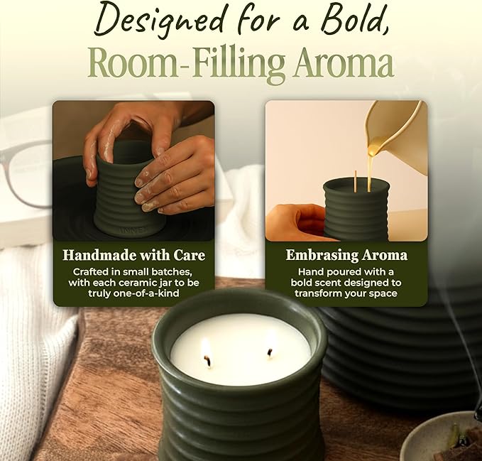 Scented Luxury Candles in Handmade Ceramic Jars, Soy Wax | Woody Wood – Oud & Agarwood, Large Candle | Non Toxic, 2 Wicks, Reusable Big Olive Green Jar | Natural Spring Aromatherapy for Women & Men - Bloomnest