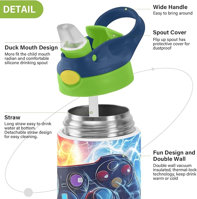 Game Controller Fire Electric Spark Kids Water Bottle with Straw Lid Insulated Tumbler with Handle Stainless Steel Reusable Toddlers Cup for Kids Boys 12 oz - Bloomnest