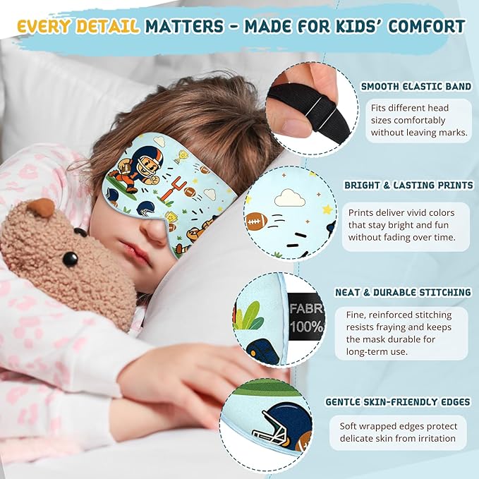 Kids Sleep Mask – 100% Mulberry Silk Eye Mask with Adjustable Strap, Soft Light Blocking Sleeping Mask for Children, Cute Printed Eye Cover for Boys Girls Ages 5-15 (Football Style) - Bloomnest
