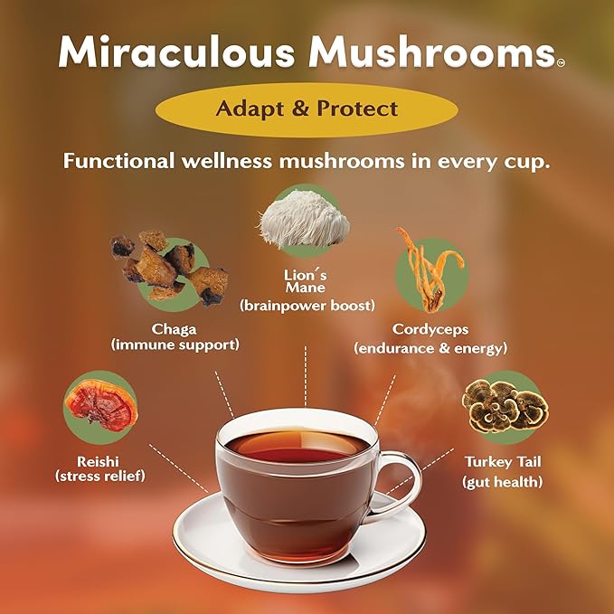 Teeccino Miraculous Mushrooms Adapt & Protect Herbal Tea By Teeccino, 25 Tea Bags - Five Organic Adaptogenic Mushrooms with Chicory & Cacao, 3x More Herbs than Regular Tea Bags, Caffeine Free, Prebiotic - Bloomnest