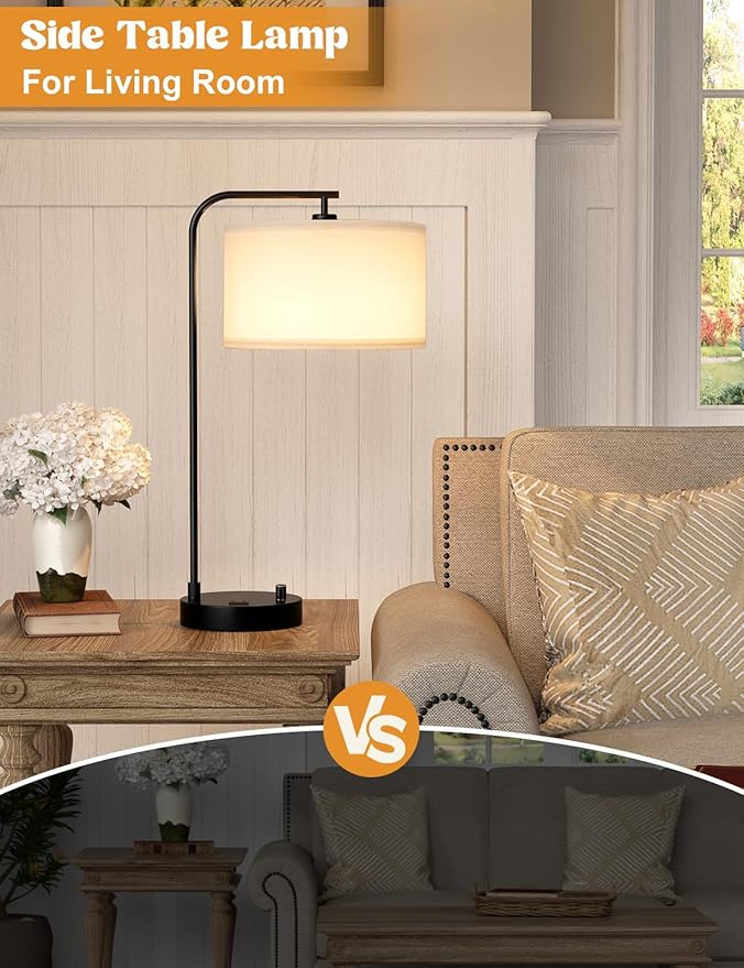 White Side Table Lamp with USB Port and Outlet, Dimmable Nightstand Bedside Lamps with Linen Lampshade, Desk Lamp for Bedroom, Living Room, Guest Room, Home Office, LED Bulb Included - Bloomnest