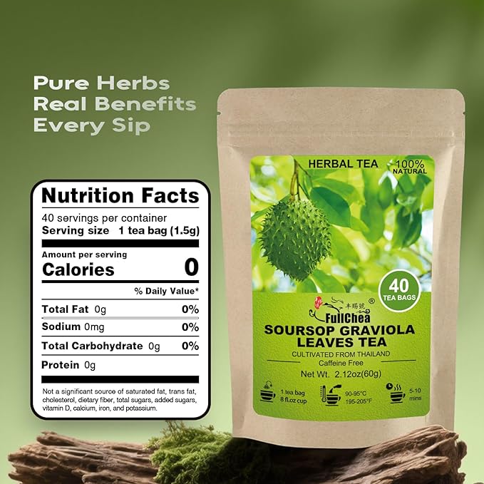 FullChea - Soursop Leaves Tea Bags, 40 Teabags - Premium Soursop Graviola Leaves - Hojas De Guanabana Tea - Non-GMO - Caffeine-free - Improve Digestion, Support Healthy Skin & Sleep - Bloomnest