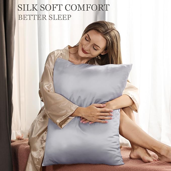 Adubor Silk Pillowcase 2 Pack for Hair and Skin with Hidden Zipper, Both Sides 23 Momme Silk Pillow Case (Silver Gray, Queen: 20''X30'') - Bloomnest