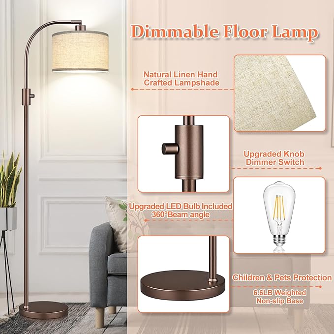 Upgraded Dimmable Floor Lamp, 1200 Lumens LED Bulb Included, Bronw Arc Floor Lamp with Linen Shade for Living Room, Bedroom, Reading Room, Nursery - Bloomnest