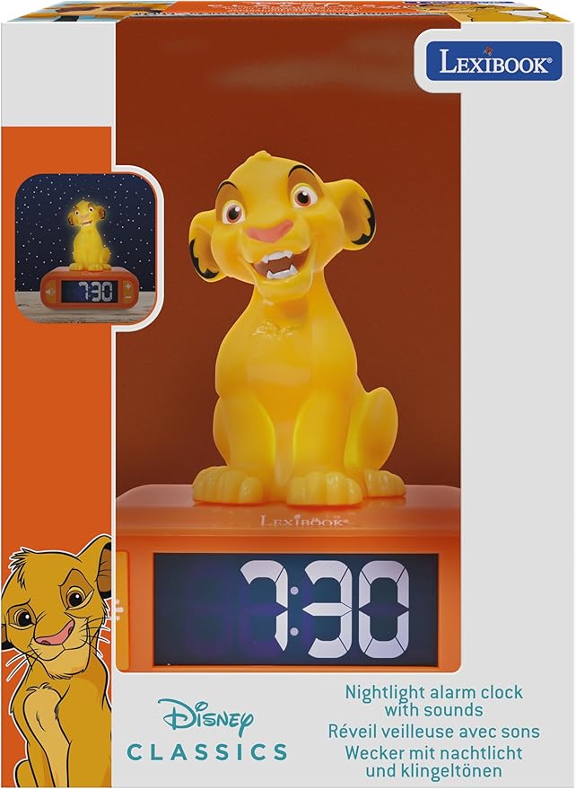 LEXiBOOK, Disney The Lion King, Simba Nightlight Alarm Clock, Sounds and Melodies, LCD Backlit Screen, Luminous, Snooze, Yellow/Orange, RL800AN - Bloomnest