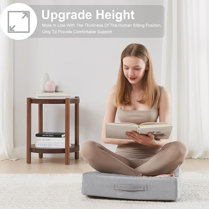 2 Pcs High Density Foam Floor Pillow - Upgraded Large Pillows Seating for Adults - Outdoor Floor Cushion with Soft Tufted Cover - Yoga Pillows for Sitting On Floor - 22 Inch Light Gray - Bloomnest