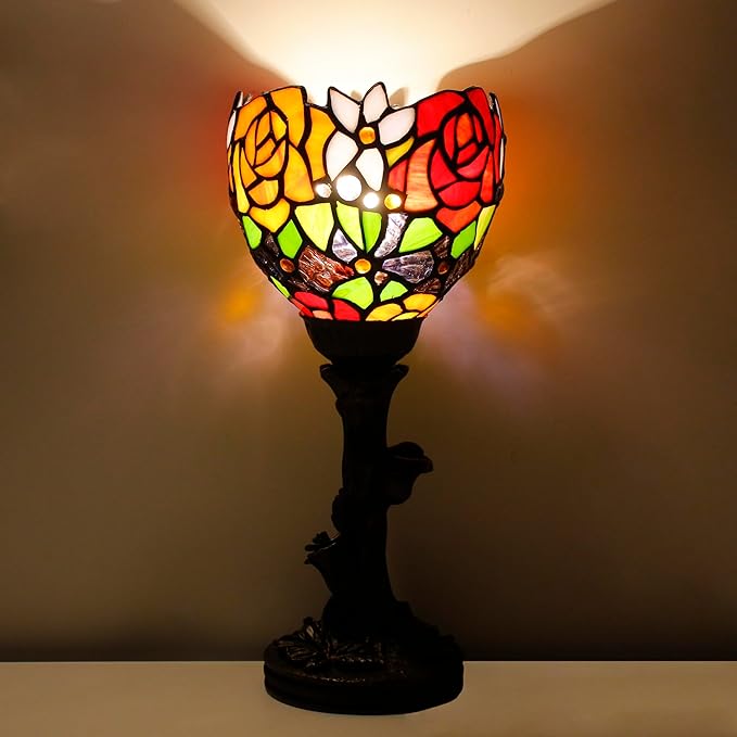Small Tiffany Lamp Mini Stained Glass Table Lamp Red Rose Accent Desk Uplight W6H 13.5 Inch Bronze Resin Base - Bloomnest