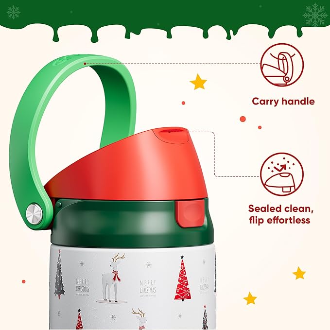 ENCOOL Christmas SwiftSip Insulated Water Bottle with Straw, Stainless Steel Water Bottle, Leak Proof BPA-Free, Keeps Cold for 24 Hours for Sports, Christmas Holiday Gifts for Women, 24oz, Nordic Noel ENCOOL