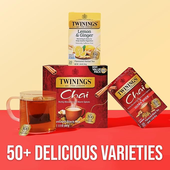 Twinings Chai Black Tea Individually Wrapped Bags, 50 Count (Pack of 6), Sweet, Savoury Spices, Caffeinated, Enjoy Hot or Iced, 300 Teabags - Bloomnest