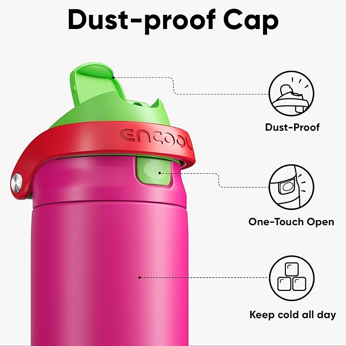 ENCOOL Leakproof Insulated Water Bottle with Straw Dual-Sip Water Bottle Bag-Safe Design for Work, Commute & Gym – Keeps Drinks Cold All Day, 32 oz, Neon Pink ENCOOL
