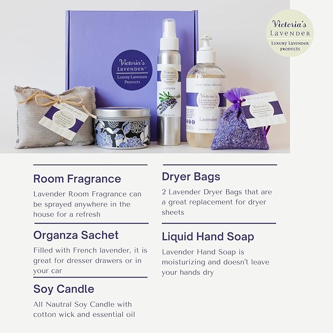 Victoria's Lavender Home Essential Products Set - Made in the USA Collection, Includes Soy Candle, Room Spray, Hand Soap, Organza Sachets, Dryer Bags, Ideal Gift Set for Home Buyers - Lavender (5 Pcs) - Bloomnest