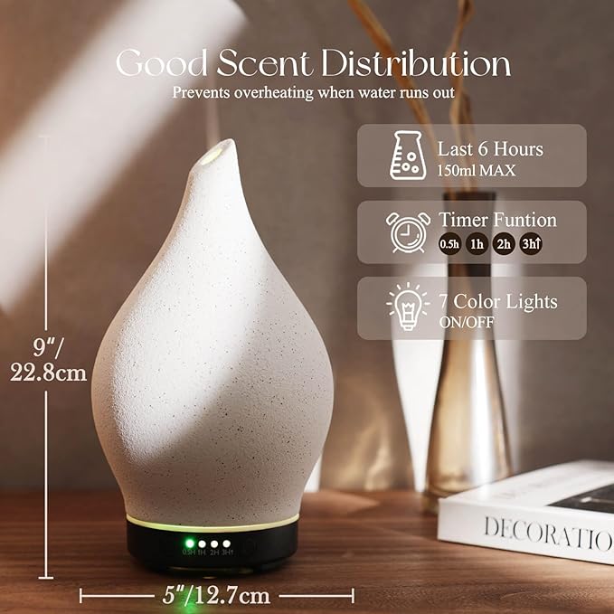 Porseme 150ml Essential Oil Diffuser Ceramic Color Changing Aroma Air Diffusers Aromatherapy Ultrasonic Cool Mist Humidifier 6 Running Hours for Sleeping Yoga Office Spa(White Ceramic, Black Base) Porseme