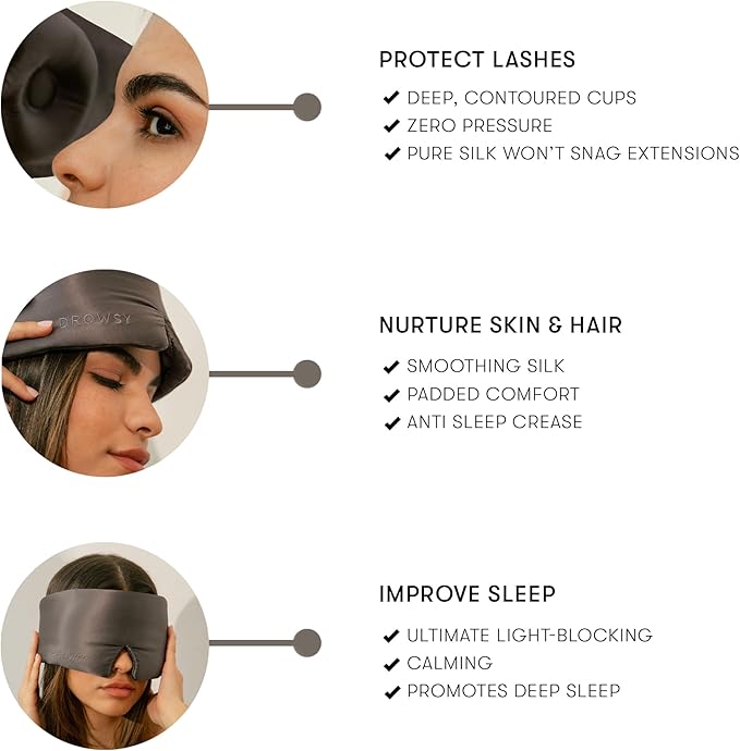 DROWSY Eyelash Protecting Silk Sleep Mask for Natural Lashes & Extensions. Deep Eye Cups, Zero Pressure, Total Blackout, Full Wraparound (Moonlight Shadow)
