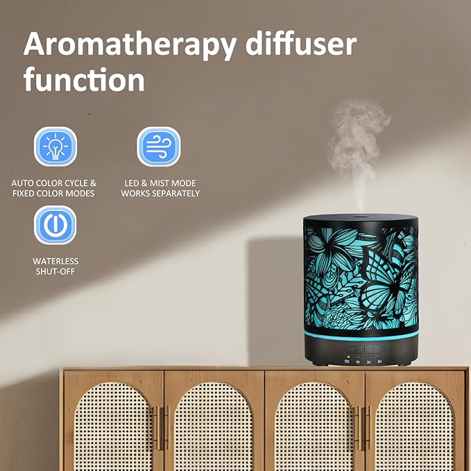 Essential Oil Diffusers 300ML Metal Aromatherapy Oil Diffusers for Large Room,Butterflies & Flower Ultrasonic Cool Mist Diffuser with Waterless Auto Shut-Off Protection, for Home Office SPA Yoga - Bloomnest
