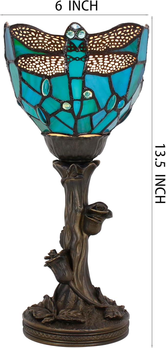 Small Tiffany Lamp Stained Glass Table Lamp Desk Uplight 6X6X13.5 Inch for Bedroom Bedside Office (Green Dragonfly) - Bloomnest
