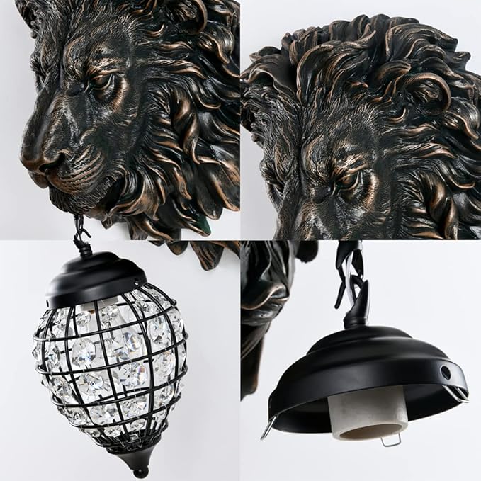 Lion Head Wall Decor Sconces Wall Lighting Retro Baroque Crystal Sconce Gold Luxury Wall Lights Fixtures for Living Room Bedroom Bedside Stairs Bathroom Mirror Headlights Lamp, E26 (B-2) - Bloomnest