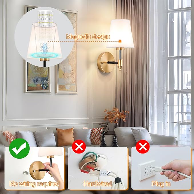 Battery Operated Wall Sconces Set of 2, Wireless Wall Light with 10000mAh RGB Dimmable Magnetic Bulb, Rechargeable Wall Sconce with Remote Control for Bedroom Living Room - Bloomnest