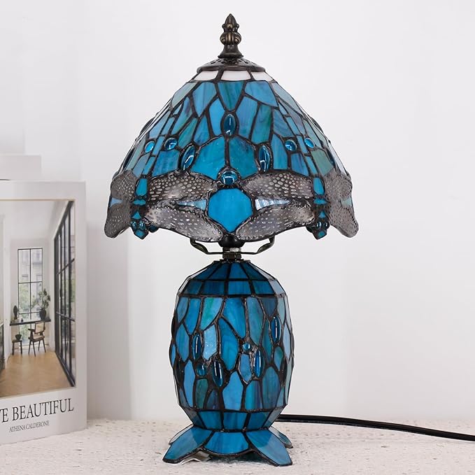 Small Tiffany Lamp Stained Glass Table Lamp Mini Mother Daughter Vase Desk Accent Light for Bedroom Bedside Reading Home Antique Style Decor 8X14 Inches (Green Dragonfly) - Bloomnest