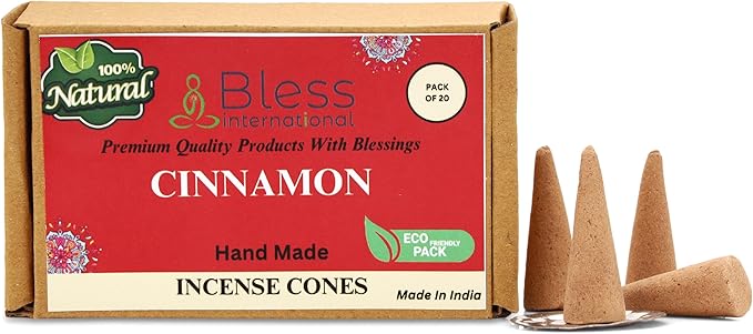 Bless International Cinnamon 100%-Natural-Incense-Cones Handmade-Hand-Dipped Organic-Chemicals-Free for-Purification-Relaxation-Positivity-Yoga-Meditation The-Best-scents (20 Count) BlessInternational