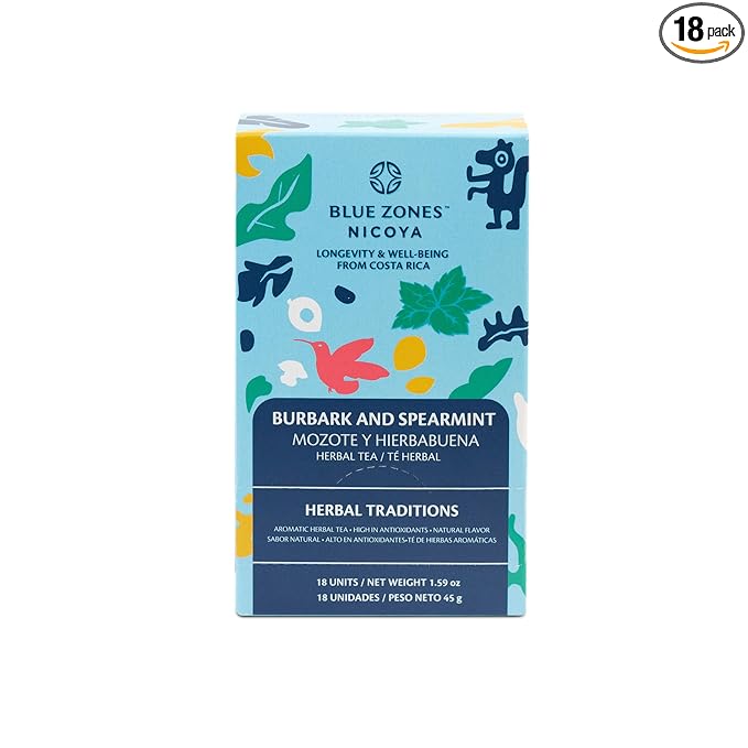 Blue Zones Nicoya - Burbark & Spearmint Flavored Tea Bags - 100% Natural, Organic, and Refreshing - High Micronutrients - Gluten, Caffeine, Sugar-Free - Pack of 18 (1.59 oz/ 45 g) - Bloomnest