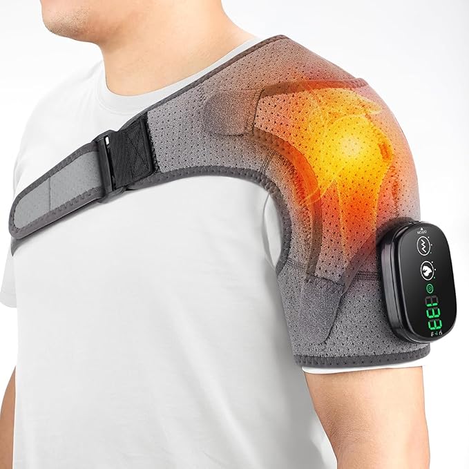 Cordless Shoulder Heating Pad with Magnetic Detachable Remote Control - Heated Massager Shoulder Brace for Pain Relief with 5 Vibration Modes & 5 Heating Levels, Gift for Men Women, Black - Bloomnest