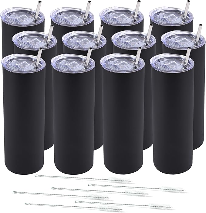 Dongni Skinny Tumbler with Lid 20 oz Stainless Steel Vacuum Insulated Double Wall Travel Coffee Water Tumblers Cup (Black 12pack) - Bloomnest