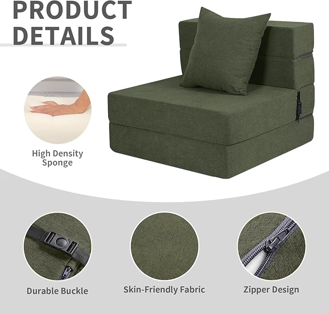 High-Density Memory Foam Folding Sofa Bed with Fluffy Pillow, Single Size, Green - Bloomnest