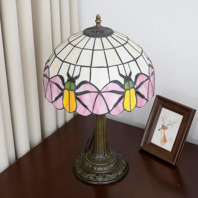 Tiffany Lamp Yellow Beetle Pink Stained Glass Table Lamp Vintage Bedroom Desk Light for Home Dorm Office Art Craft Antique Decor Accent Aesthetic Nightstand Reading Light - Bloomnest