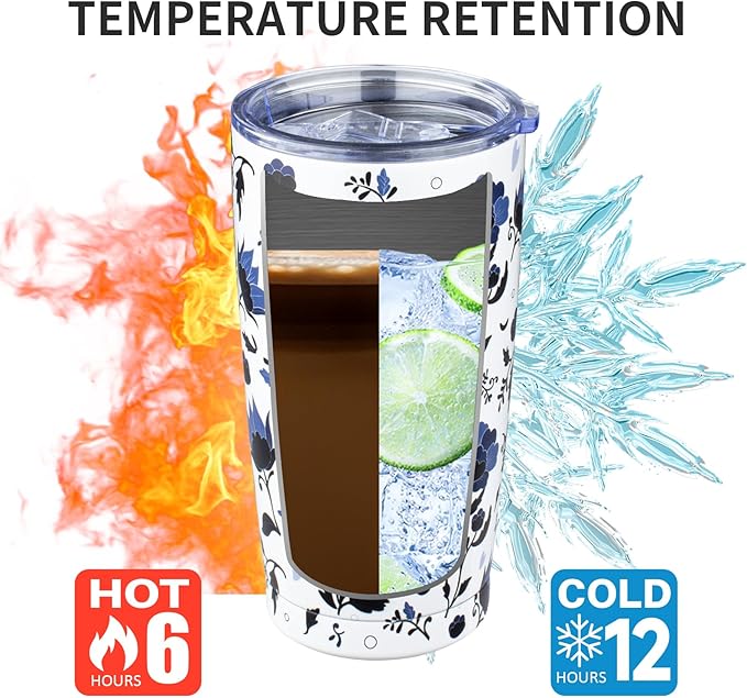 20oz Tumbler with Lid and Straw Double Wall Powder Coated Vacuum Insulated Coffee Tumbler Stainless Steel Travel Coffee Mug Spill-Proof Thermal Cup for Hot and Cold Beverage,Blue and White Porcelain - Bloomnest