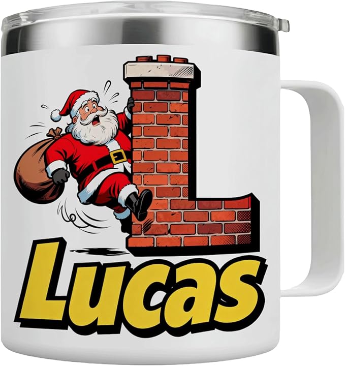 JugJug Personalized Christmas Mug with Initial & Name - Funny Santa Climbing Chimney 12oz Insulated Coffee Cup with Lid - Xmas Gifts for Kids, Boys (B157) - Bloomnest