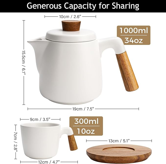 MIAMIO – 34 Oz Ceramic Tea Pot Set with Infuser and Cups/Tea Strainer, 4 Ceramic Tea Mugs (10 Oz), Bamboo Saucers/Handle for Home and Office (White) - Bloomnest