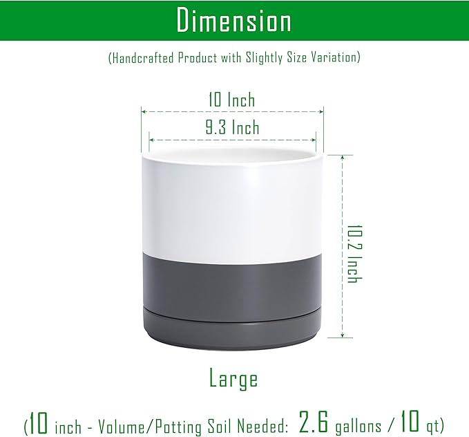 D'vine Dev Set of 2 Plants Pots, 10 Inch Ceramic Planter Pot for Plants with Drainage Hole and Saucer, White/Speckled Grey, 94-V-E-6 - Bloomnest