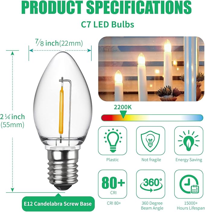 Meconard C7 Led Replacement Christmas Light Bulbs, C7 Shatterproof Led Bulbs for Christmas Outdoor String Lights, E12 Candelabra Base, Commercial Grade Holiday Bulbs, Warm White, 50 Pack - Bloomnest