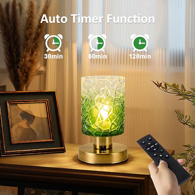 Battery Powered Lamp with Timer, Aesthetic Glass Cordless Lamps, Dimmable Rechargeable Lamp with Remote Control, Small Touch lamp for Nightstand Bedside Bedroom Living Room(Gradient Green) - Bloomnest