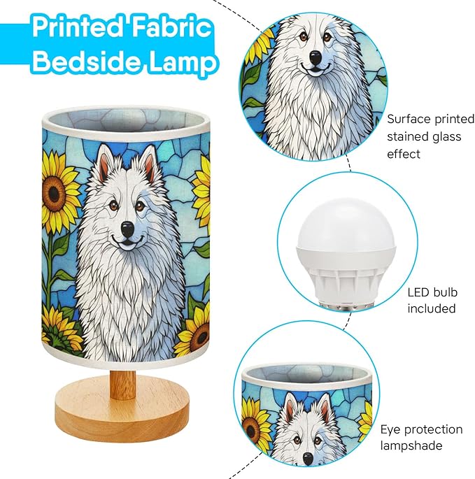 American Eskimo Table Lamp LED 3-Color Pressed Bedside, Dog Shade Lamp with Wood Base for Bedroom Living Room Desk Office - Bloomnest