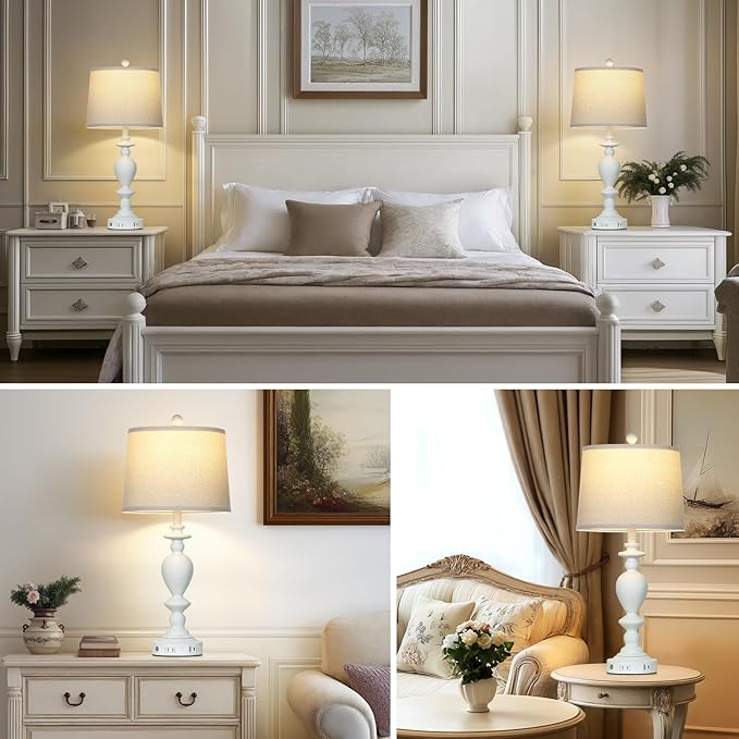 28" White Farmhouse Table Lamps Set of 2 with USB C+A Ports & AC Outlet for Vintage Living Room Rustic Bedroom,3-Way Dimmable Touch Lamp Retro Resin Bedside Lamps for Nightstand Side Table - Bloomnest