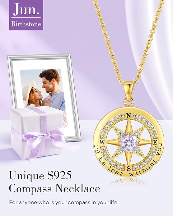 S925 Necklace Gift for Wife |Compass Jewelry |Women Anniversary |Sterling Silver |Girlfriend Birthday Gifts for Her Valentines |I'd be Lost without You |Jewel 18K Gold - Bloomnest