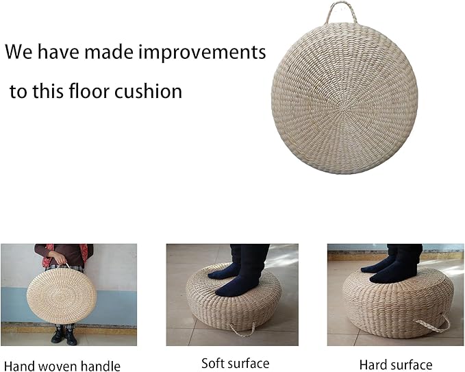 Round Hand-Woven Meditation Floor Pillow Seat for Adults, Big Thick Straw Tatami Floor Cushion for Living Room (19.3x19.3x7.8) - Bloomnest