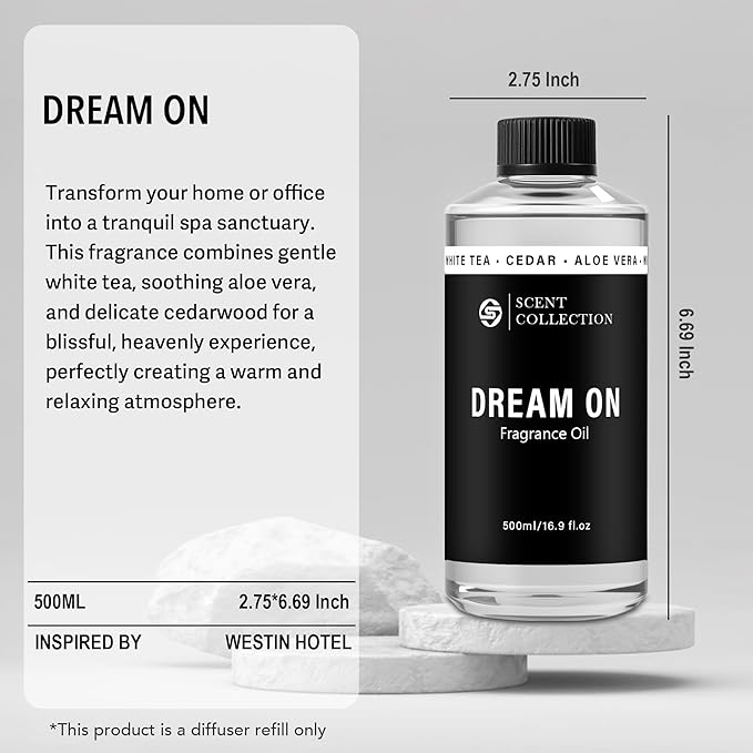 Luxury Hotel Scent Dream On Diffuser Oil Waterless Essential Aromatherapy for Cold Air & Car Diffusers – Long Lasting Refill for Large Room & Home - Signature White Tea (500ml/16.9Fl oz) - Bloomnest