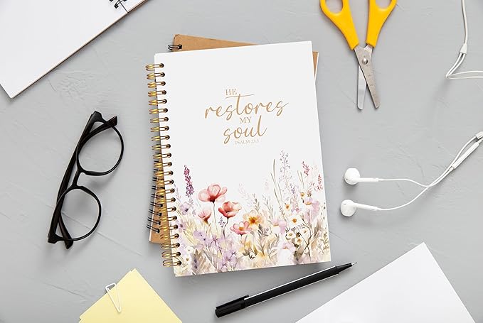 Christian Notebook for Women, Christian Art Gifts Journal, Prayer Journal for Women, Bible Journaling Notebook, PSALM 23:3 He Restores My Soul Floral Spiral Notebook 5.5x8.3 - Bloomnest