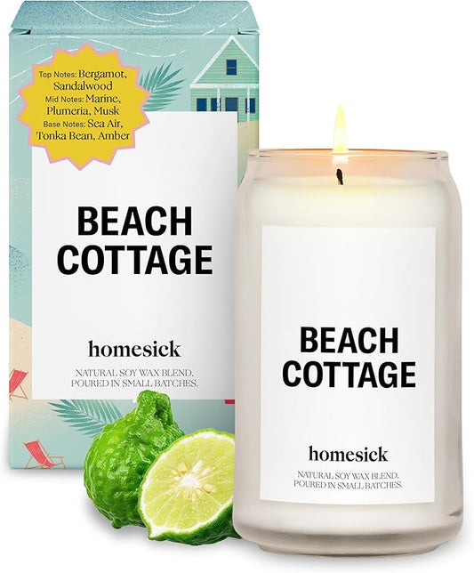 Homesick Scented Candles for Home (Beach Cottage) - Long-Lasting Natural Soy Wax Blend Jar Candle Gifts for Women & Men, 60-80 Hours Burn Time - Notes of Bergamot & Sandalwood - Bloomnest