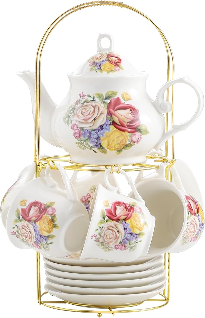 20-Pieces Porcelain Bone china Tea Sets,Gold Rim Coffee Set with Golden Metal Rack,Tea Gift Sets for Home&Party (006) - Bloomnest