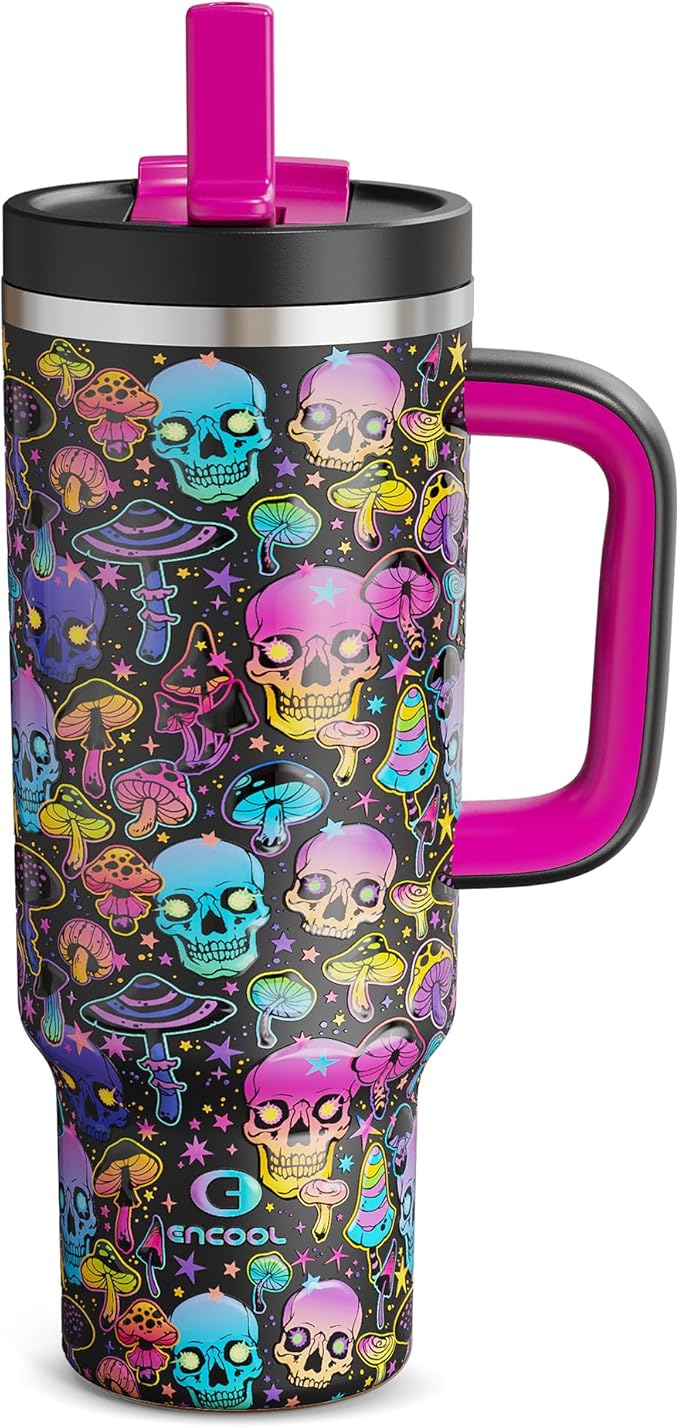 ENCOOL 40 oz Tumbler with Handle and Straw: Stainless Steel Insulated Tumbler Keeps Cold for 24 Hours, Leakproof Travel Cup Fits in Cup Holder and BPA-Free, Trippy Skulls ENCOOL