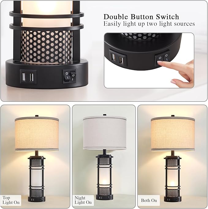 Set of 2 Modern Table Lamps for Living Room, Contemporary Nightstand Lamp with Dual USB Port, Bedside Lamps with White Frosted Glass Night Light for Bedroom, 4 Bulbs Included (Black) - Bloomnest