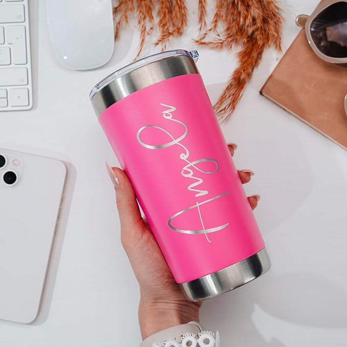 Personalized Tumbler with Engraved Name - 12 Designs, 30 Oz Coffee Tumbler with Slider Lid, Hot Pink, Double Wall Insulated - Gifts for Mom, Custom Gift for Women, Personalized Gift for Her - Bloomnest