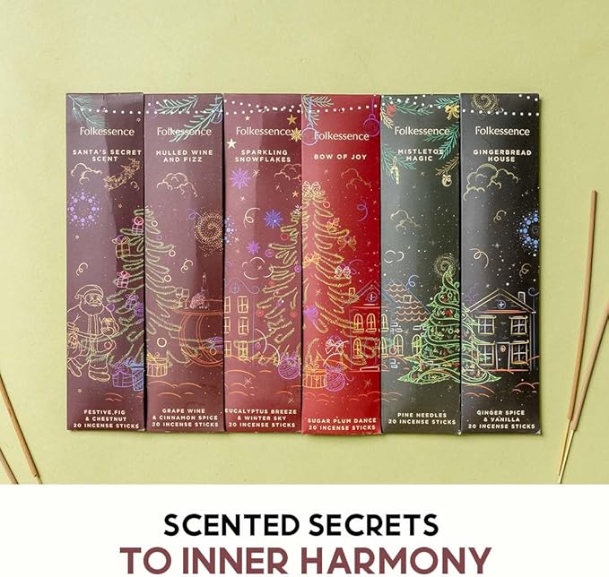 Folkulture Incense Sticks with Holder for Gift | Set of 6 (120) Organic Non Toxic Incense Sticks Christmas - Vanilla, Plum, Pine, Eucalyptus Insense for Gifts for Women